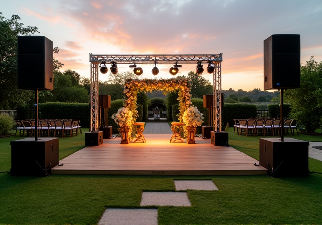 An outdoor event features a stage set up with large speakers on each side, surrounded by a grassy area. Several people are sitting on the grass facing the stage. The backdrop behind the stage is clear, and the sky is mostly blue with a few clouds. Trees and hills are visible in the distance, adding a natural setting to the scene.