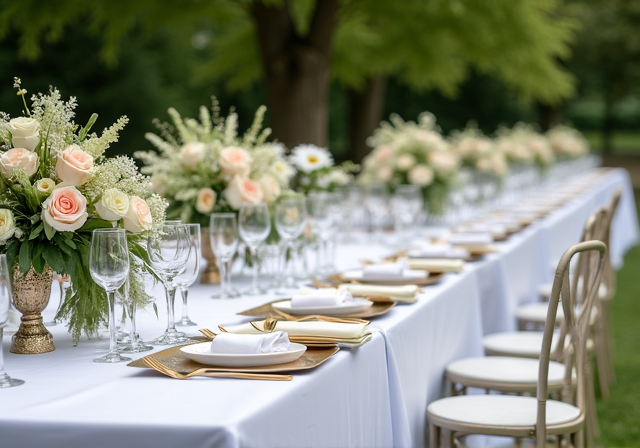 A spacious interior of a rustic event venue with exposed brick walls and wooden beams under a ceiling with string lights. Large wooden tables are arranged in a U-shape, decorated with greenery and place settings for a gathering or celebration.